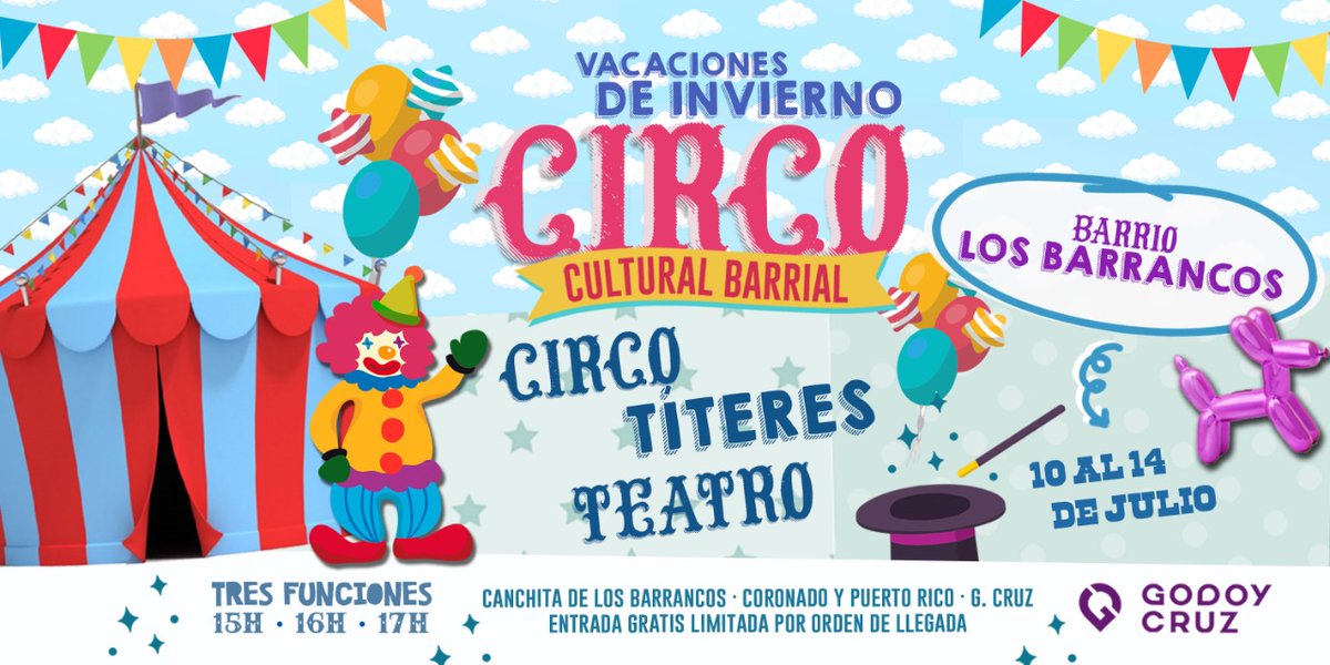 GarecaGc's tweet photo. 🎪Comienzan las vacaciones de invierno en los barrios de Godoy Cruz, te invitamos a las funciones con entrada gratuita

Te esperamos en el Barrio Los Barrancos, Boulevard San Vicente y Villa del Parque 15, 16 y 17hs 
 programación completa en 👉🏼https://t.co/fb5TqmyGQz

#CulturaGC https://t.co/lzMvHeIMfI