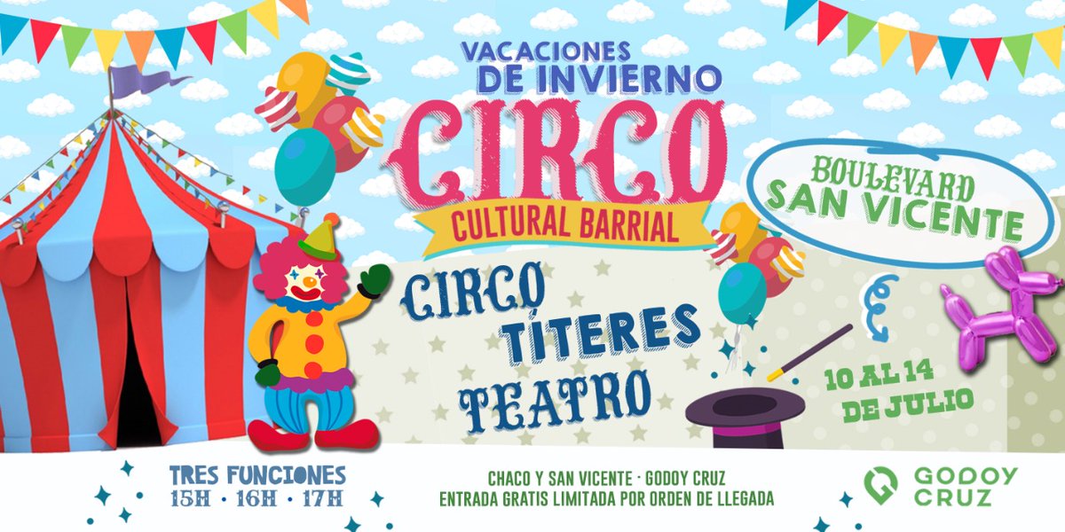 GarecaGc's tweet photo. 🎪Comienzan las vacaciones de invierno en los barrios de Godoy Cruz, te invitamos a las funciones con entrada gratuita

Te esperamos en el Barrio Los Barrancos, Boulevard San Vicente y Villa del Parque 15, 16 y 17hs 
 programación completa en 👉🏼https://t.co/fb5TqmyGQz

#CulturaGC https://t.co/lzMvHeIMfI