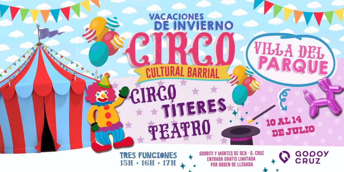 GarecaGc's tweet photo. 🎪Comienzan las vacaciones de invierno en los barrios de Godoy Cruz, te invitamos a las funciones con entrada gratuita

Te esperamos en el Barrio Los Barrancos, Boulevard San Vicente y Villa del Parque 15, 16 y 17hs 
 programación completa en 👉🏼https://t.co/fb5TqmyGQz

#CulturaGC https://t.co/lzMvHeIMfI