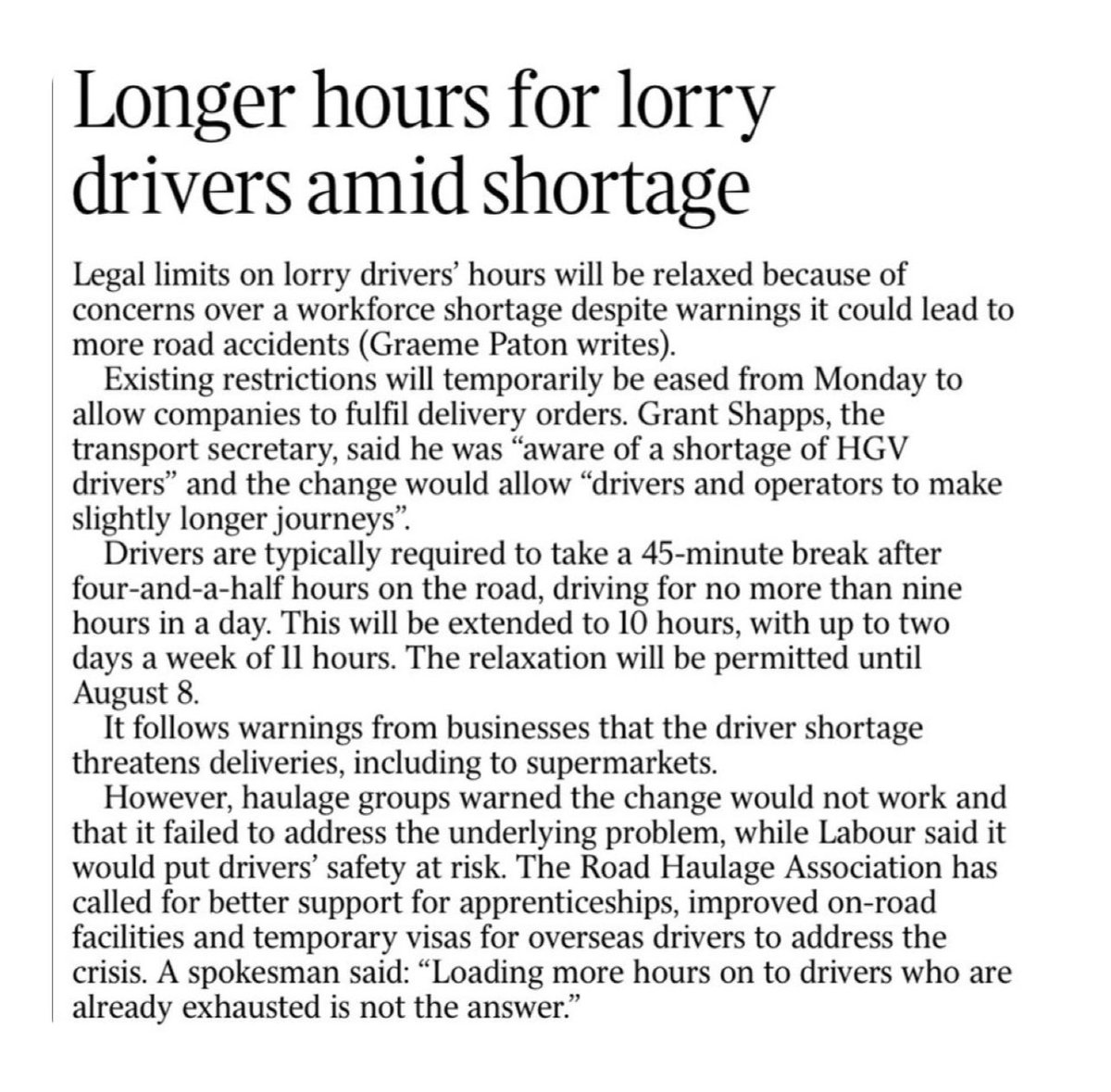 In the #Times today -  ⁦<a href="/RHANews/">RHA</a>⁩ says loading extra working hours on already tired truckers is not the answer..