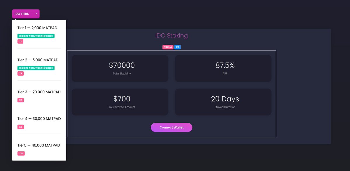 The big day is finally here! ✨

Here's a sneak peek of MaticPad Dual Staking Platform 🚀

Who's ready to stake their $MATPAD and participate in upcoming PolyTAG IDO 🤑

#MaticPad #Polygon #PolyTAG