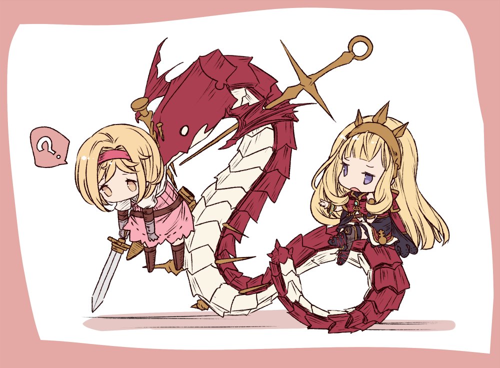 cagliostro (granblue fantasy) ,djeeta (granblue fantasy) multiple girls 2girls blonde hair weapon sword ? hairband  illustration images