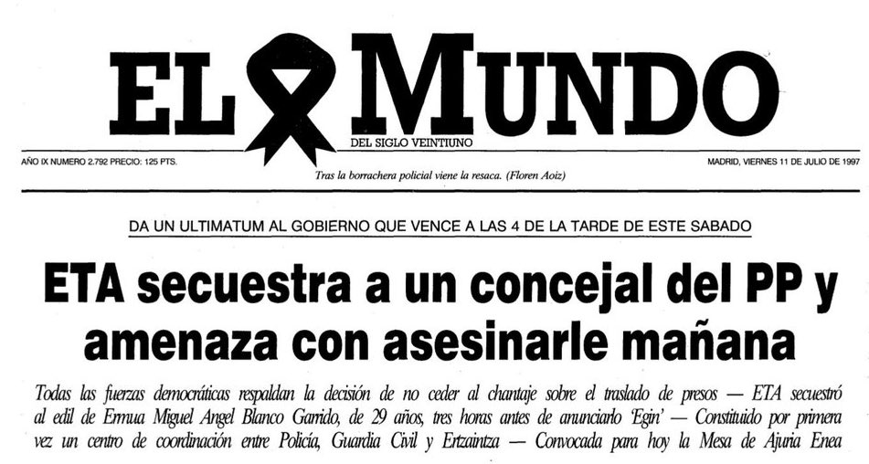 Hoy, hace 24 años, ETA secuestraba a Miguel Ángel Blanco y exigía el acercamiento de los presos a las cárceles del País Vasco. 

¡Nunca olvidaremos!