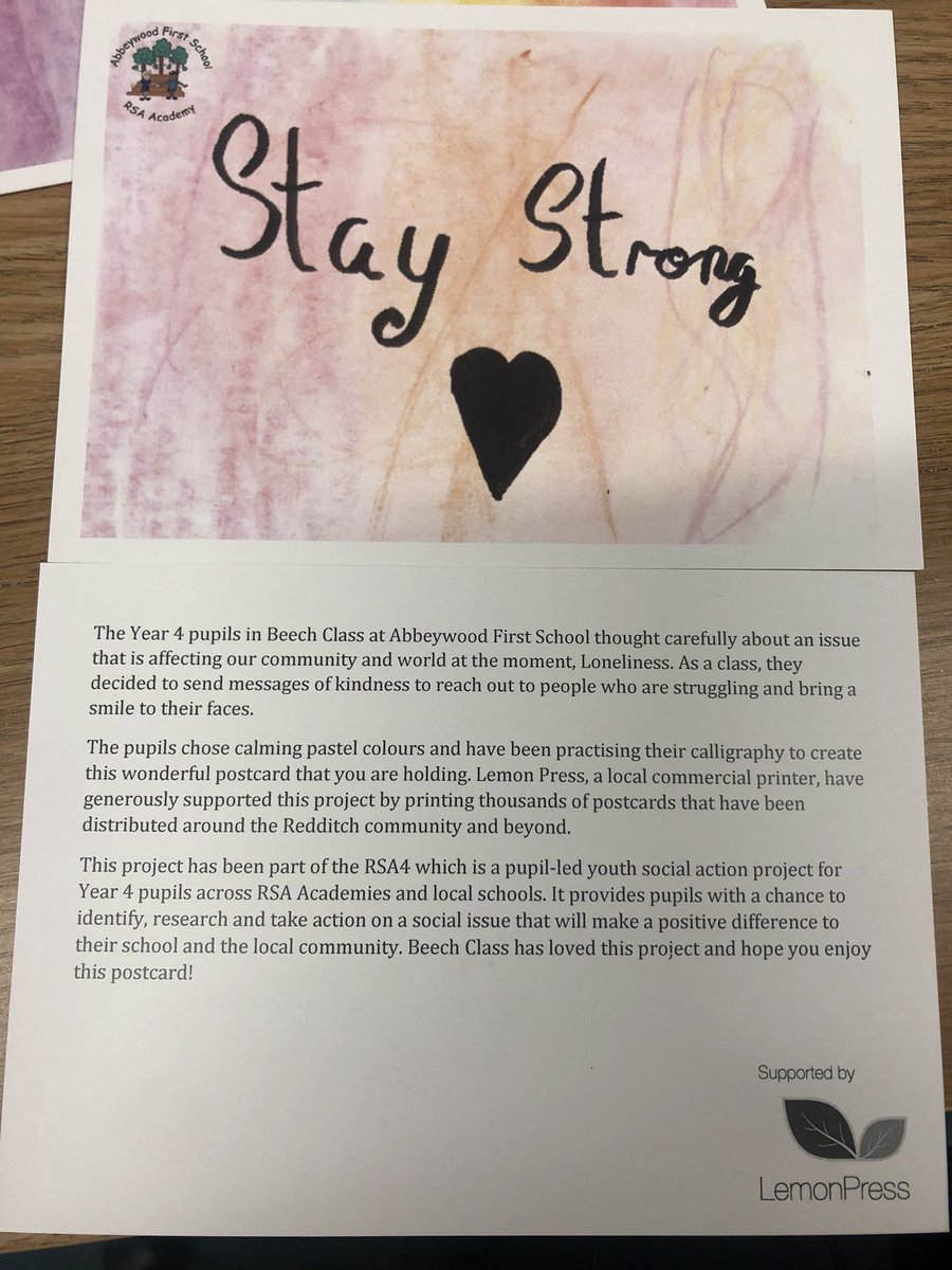 Year 4 are ready to start spreading some happiness with their postcards to target loneliness. They have piles of these to distribute around Redditch as part of their #rsa4 social action project@thanks to the kind support of a local print firm. <a href="/lemonpressprint/">Lemon Press</a>