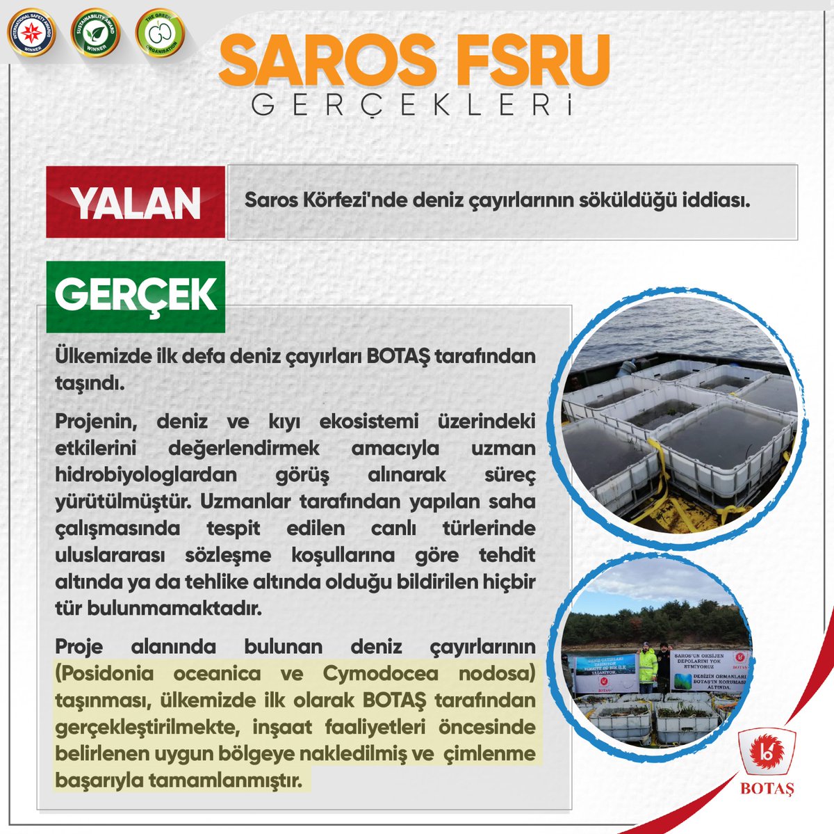 botastr's tweet photo. ❌ Saros Körfezi'nde deniz çayırlarının söküldüğü iddiası 

✅ Proje alanında bulunan deniz çayırlarının (Posidonia oceanica ve Cymodocea nodosa) taşınması, ülkemizde ilk olarak BOTAŞ tarafından gerçekleştirilmiştir.

#SarosGerçekleri https://t.co/uEiQaq2GDK