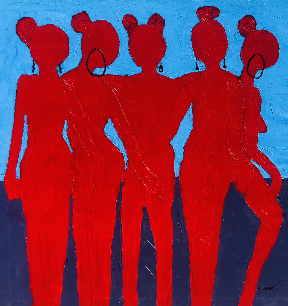 okeogheneariama's tweet photo. Denge Pose (sister’s crawl)
Acrylic on canvas 
115cmX114cm
2021
This piece depicts ladies who poses awaiting to be picked by men. They are sex workers and they intend to wait for their clients.
Open thread 👇for more information about this piece 😊 https://t.co/qZxRi35SgW
