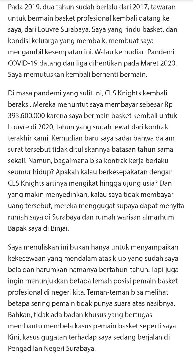 ainurohman's tweet image. Ini mengerikan sekali.

Salah satu point guard kondang di Indonesia Dimaz Muharri digugat perdata oleh mantan timnya, CLS Knights Surabaya ke pengadilan. 

Kalau cerita Dimaz ini betul, betapa zalimnya orang2 di klub tersebut. Betapa lemahnya posisi pemain...