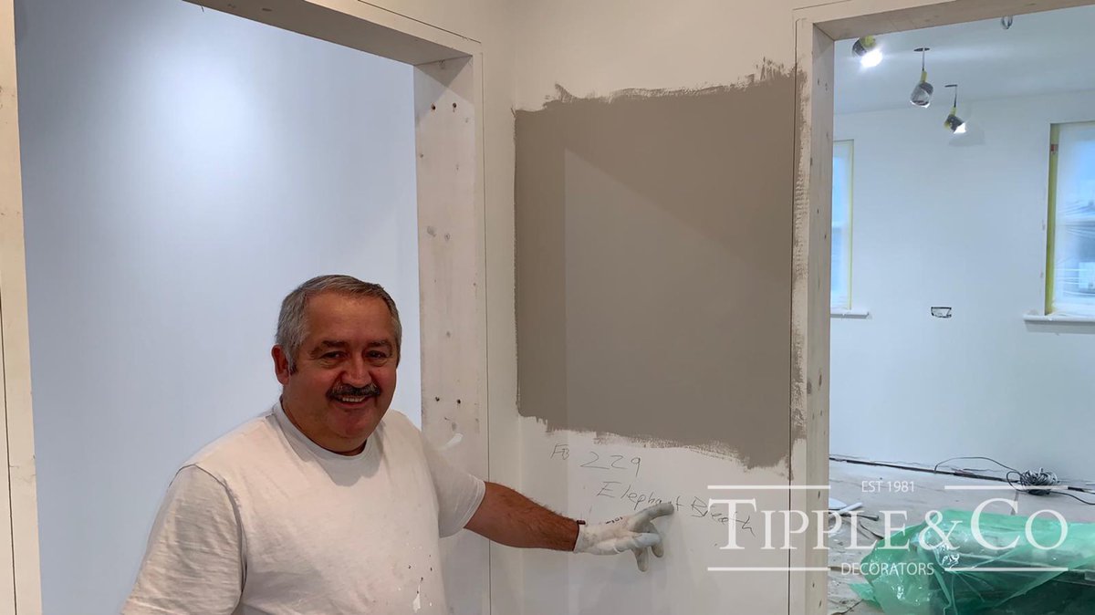 This is Paul one of our decorators 👋🏼 Here he is testing the famous @farrowandball Elephants Breath 🐘 ~ we all know this colour in the decorating world 😂 even I have to admit that I’ve had it in our house previously, it’s a colour that will stand the test of time!