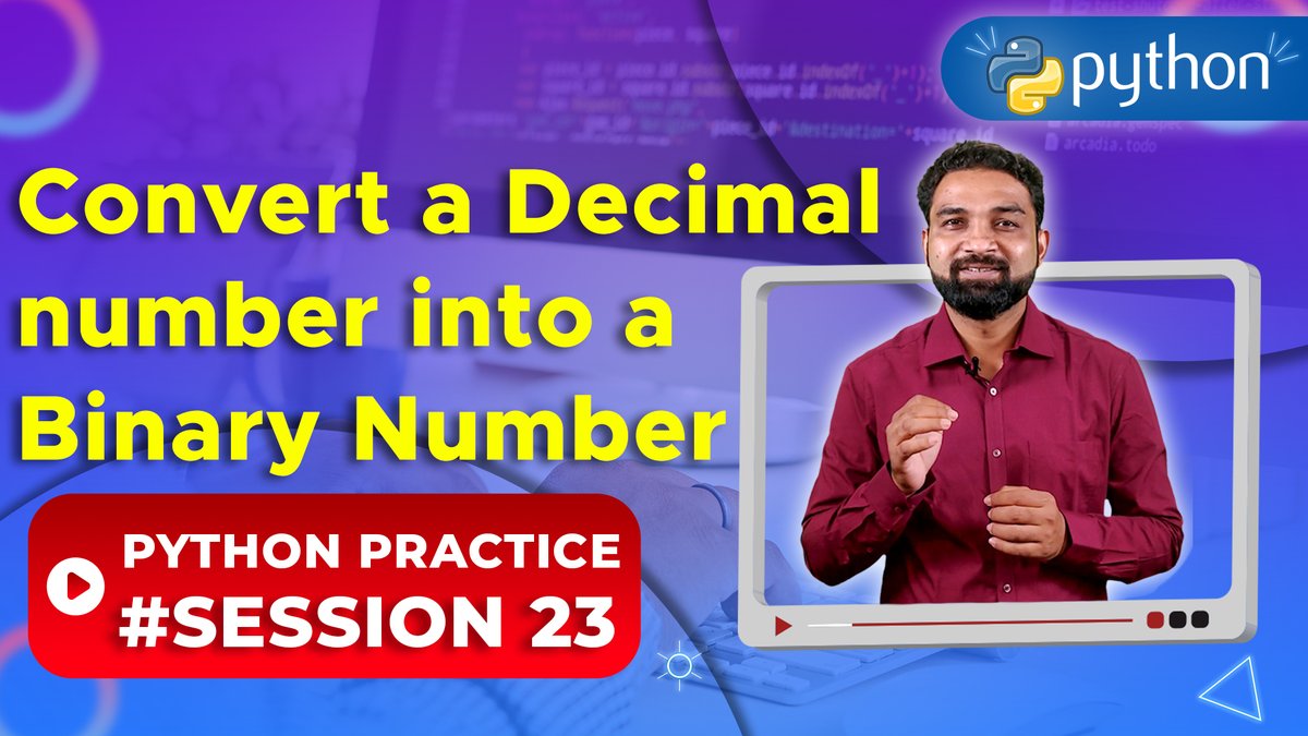 NewtumSolutions's tweet image. Python Practice 23: Decimal to Binary Conversion in Python

youtu.be/3O40nOHQU9M

newtum.com/python_online_…

#Newtum #PythonPracticeSeries