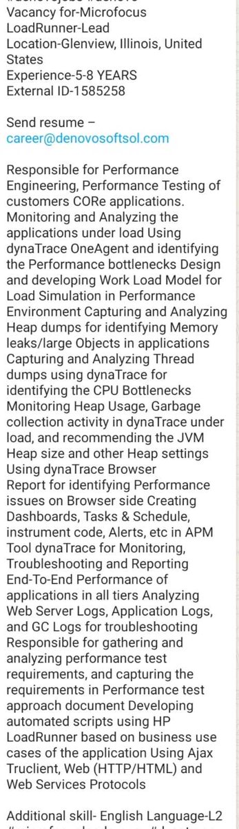 denovosoftsol's tweet image. #denovojobs #denovo
Vacancy for-Microfocus LoadRunner-Lead
Location-Glenview, Illinois, United States
Experience-5-8 YEARS
External ID-1585258

Send resume – career@denovosoftsol.com
#microfocusloadrunner  #ajaxtrueclient #performanceengineering #VuGenscripts #microfocus