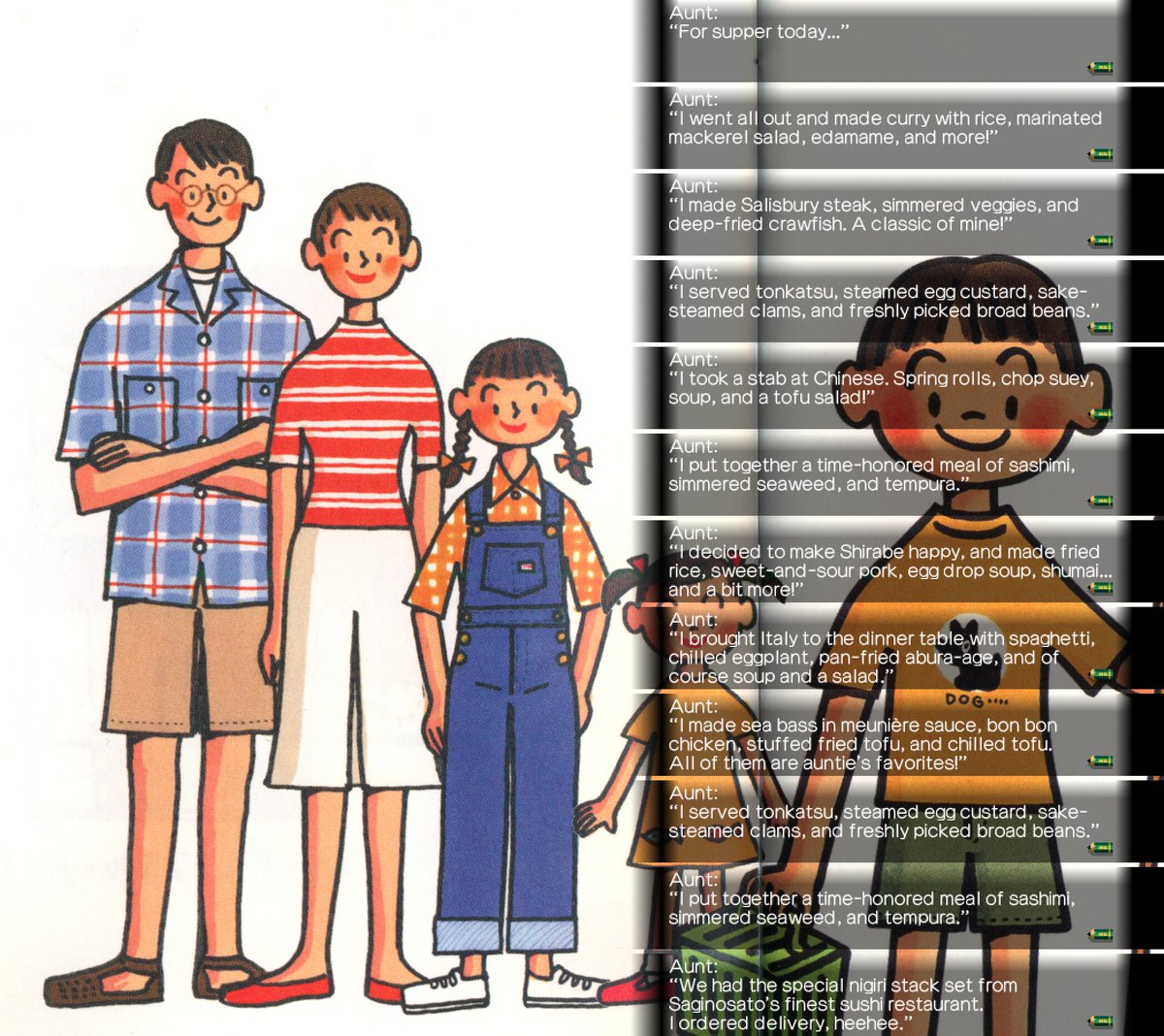 Meal 1: “I went all out and made curry with rice, marinated mackerel salad, edamame, and more!”
Meal 2: “I made Salisbury steak, simmered veggies, and deep-fried crawfish. A classic of mine!”
Meal 3: “I served tonkatsu, steamed egg custard, sake-steamed clams, and freshly picked broad beans.”
Meal 4: “I took a stab at Chinese. Spring rolls, chop suey, soup, and a tofu salad!
Meal 5: “I put together a time-honored meal of sashimi, simmered seaweed, edamame, and more!”
Meal 6: “I went all out an
Meal 7: “I decided to make Shirabe happy, and made fried rice, sweet-and-sour pork, egg drop soup, shumai… and a bit more!”
Meal 8: “I brought Italy to the dinner table with spaghetti, chilled eggplant, pan-fried abura-age, and of course soup and a salad.”
Meal 9: “I made sea bass in meunière sauce, bon bon chicken, and stuffed fried tofu. All of them are auntie's favorites!”
Meal 10: “We had the special nigiri stack set from Saginosato's finest sushi restaurant. I ordered delivery, heehee.”