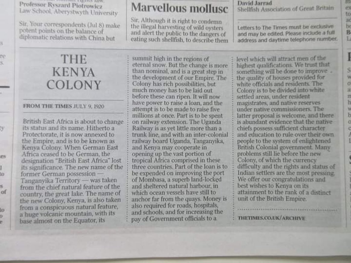 🚮 Read how the Times of London reported on Kenya becoming a colony 101 years ago.

Aren’t you natives grateful that you were “a distinct unit of the British Empire?”