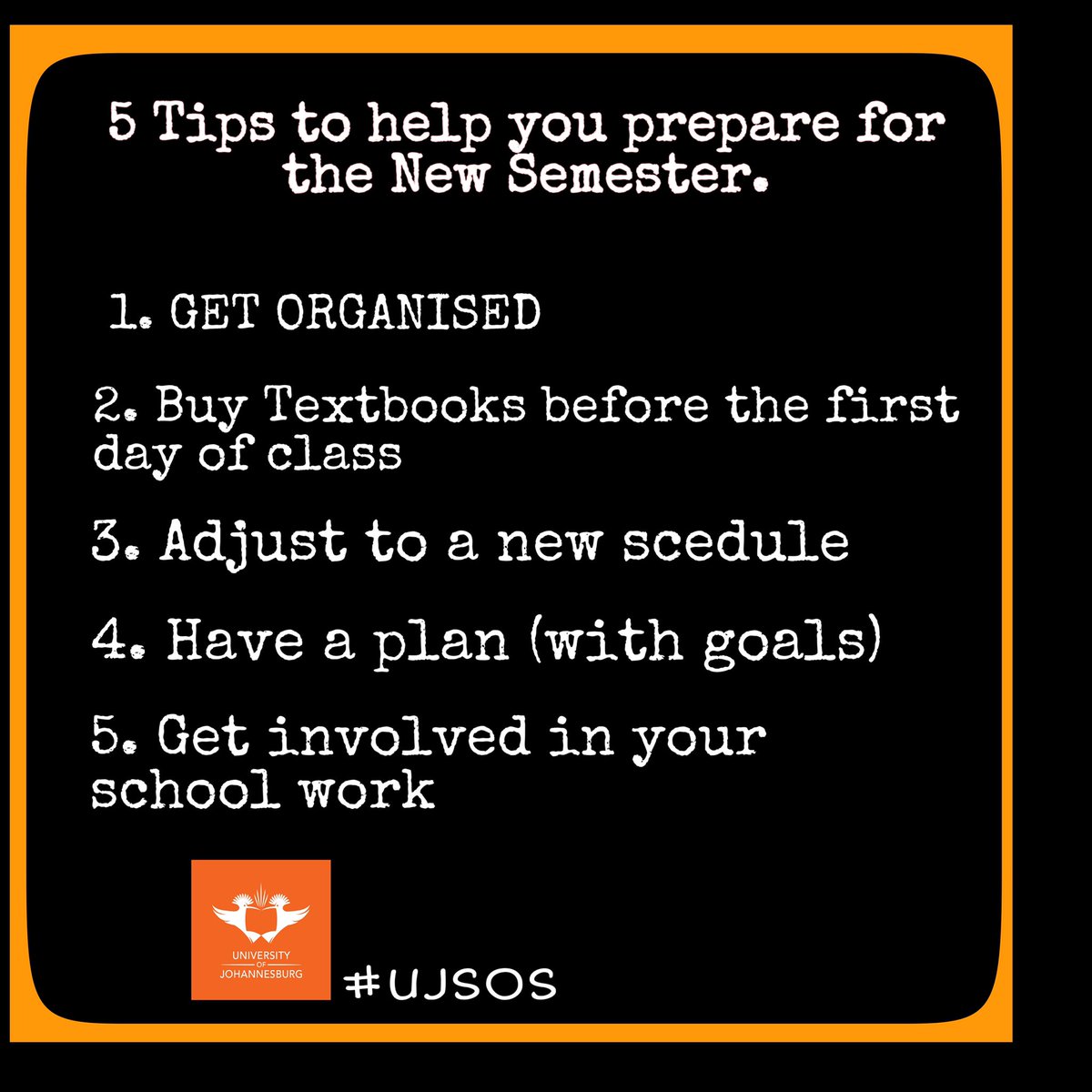 lulamadamba's tweet photo. Most students have been saying the first semester was hard, well here are are 5 tips to ensure that you prepare yourself for the 2nd Semester and increase chances of adjusting well. #UJSOS #StudentTips https://t.co/tU7PEb34tP