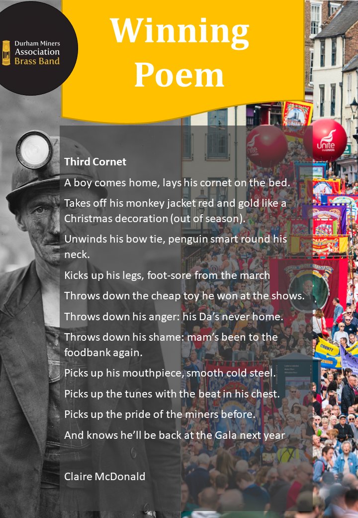 DMA Brass Band (@minersbrass) on Twitter photo Time to announce the winners of our Poetry Competition! The Judges felt that as there were so many excellent poems that one overall Winner and 2 highly commended places should be awarded. Congratulations to Claire, Maureen and Jane <a href="/DurhamGala/">Durham Miners' Gala</a> Time to announce the winners of our Poetry Competition! The Judges felt that as there were so many excellent poems that one overall Winner and 2 highly commended places should be awarded. Congratulations to Claire, Maureen and Jane <a href="/DurhamGala/">Durham Miners' Gala</a>
