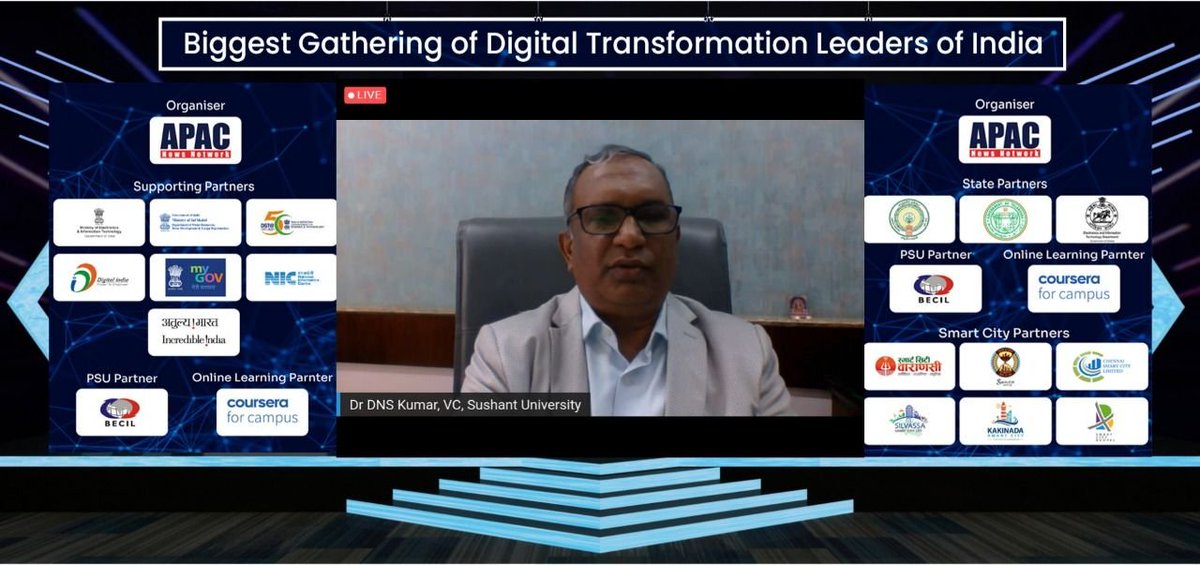 Apacnewsnetwork's tweet photo. Dr DNS KUMAR, Vice Chancellor, Sushant University  speaking on day 3, Education Track of India Digital Empowerment Meet.

#APACIDEM #APACinnovations #APACeducation https://t.co/Cj6TVAYyKu