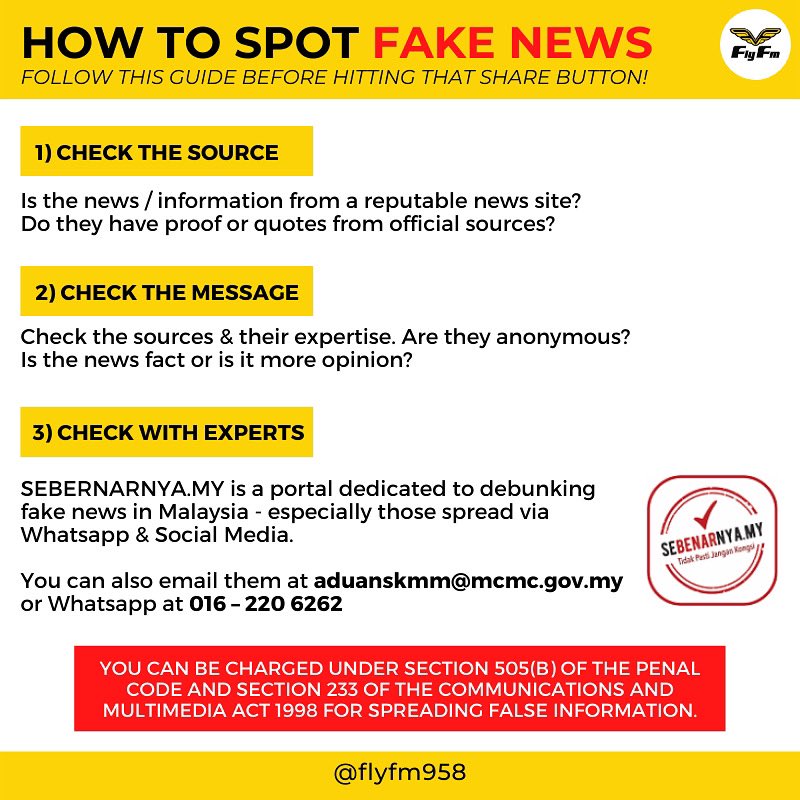 FlyFM958's tweet photo. Not everything that you read or received on your group chat is valid. 

If you are not sure whether the news is true or fake, you can refer to https://t.co/wUCKz0utZq. ✅

#FlyFMCares #FlyFM https://t.co/B2UKcVNNUY