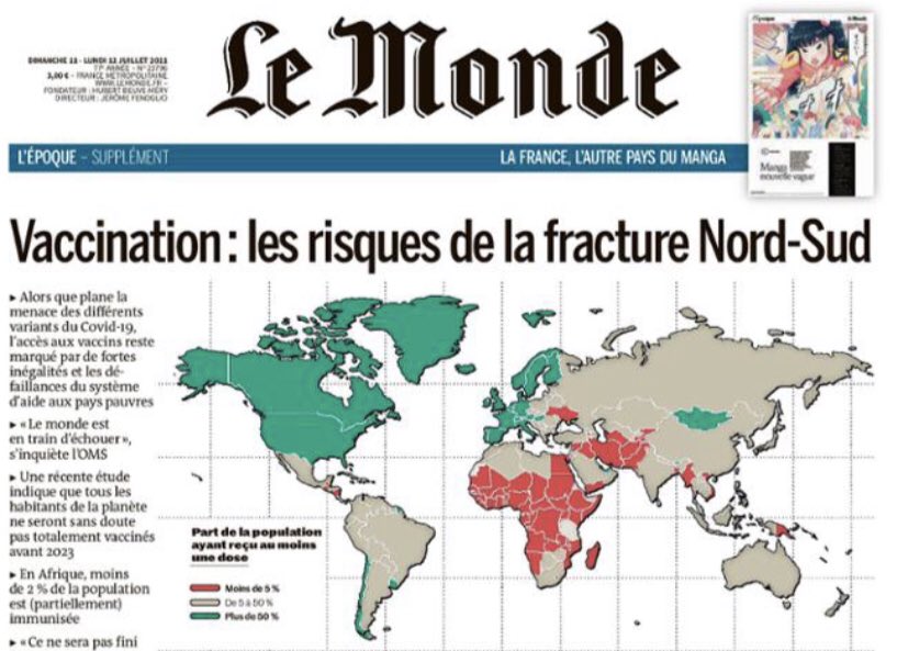 N_Henin's tweet photo. Merci au Monde (après La Croix il y a quelques jours) de nous redonner un peu de hauteur de vue: pendant que certains, chez nous, se servent du vaccin pour exprimer leurs capricieuses phobies, d'autres, ailleurs, meurent de ne pas en avoir. https://t.co/O1yWwr92OT