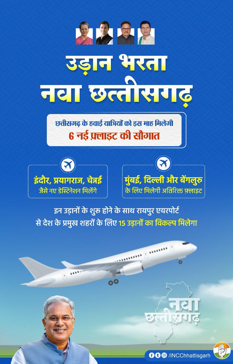 INCChhattisgarh's tweet photo. उड़ान भरता नवा छत्तीसगढ़

-- छत्तीसगढ़ के हवाई यात्रियों को इस माह मिलेगी 6 नई फ़्लाइट की सौगात https://t.co/7gupRCbEvd