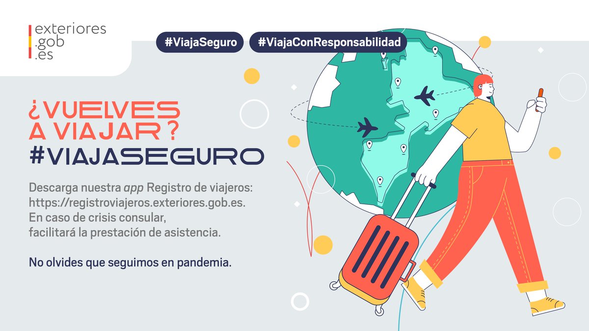 🧳 ¿Vuelves a #viajar?

📲 ¡Inscríbete en nuestro Registro de Viajeros y descárgate la #app! ➡️ bit.ly/2LEK8T1

🔔 Facilitará la prestación de asistencia en caso de producirse una crisis consular.

#ViajaSeguro #ViajaSegura #ViajaConResponsabilidad