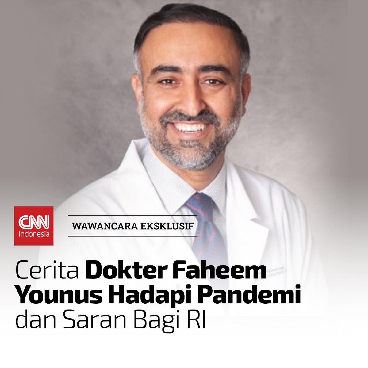 CNNIndonesia's tweet photo. Pakar penyakit menular dari AS dr. Faheem Younus turut mengulas keadaan situasi Covid-19 di Indonesia. Dia pun menjadi populer melalui cuitannya menggunakan bahasa Indonesia. 

Baca #WawancaraEksklusif bersama dr. @FaheemYounus di https://t.co/VPb7h78ehH #CNNIndonesia. https://t.co/ATC60alwCd