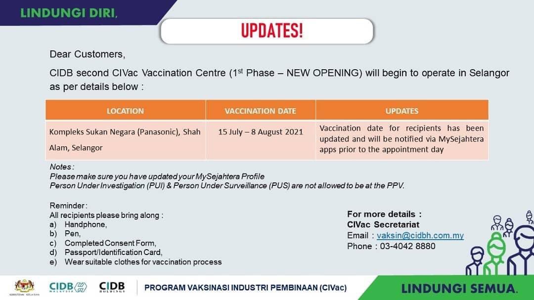 Kkr Malaysia S Tweet Cidb 2nd Civac Vac Centre 1st Phase New Opening Will Begin To Operate In Kompleks Sukan Negara Panasonic Shah Alam 15 July 8 Aug 2021 Please Make Sure
