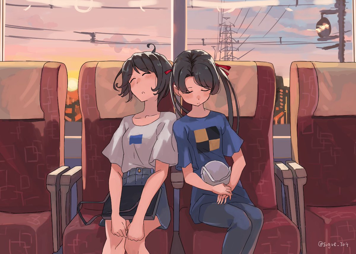 mikuma (kancolle) ,mogami (kancolle) multiple girls 2girls twintails short hair shirt closed eyes long hair  illustration images