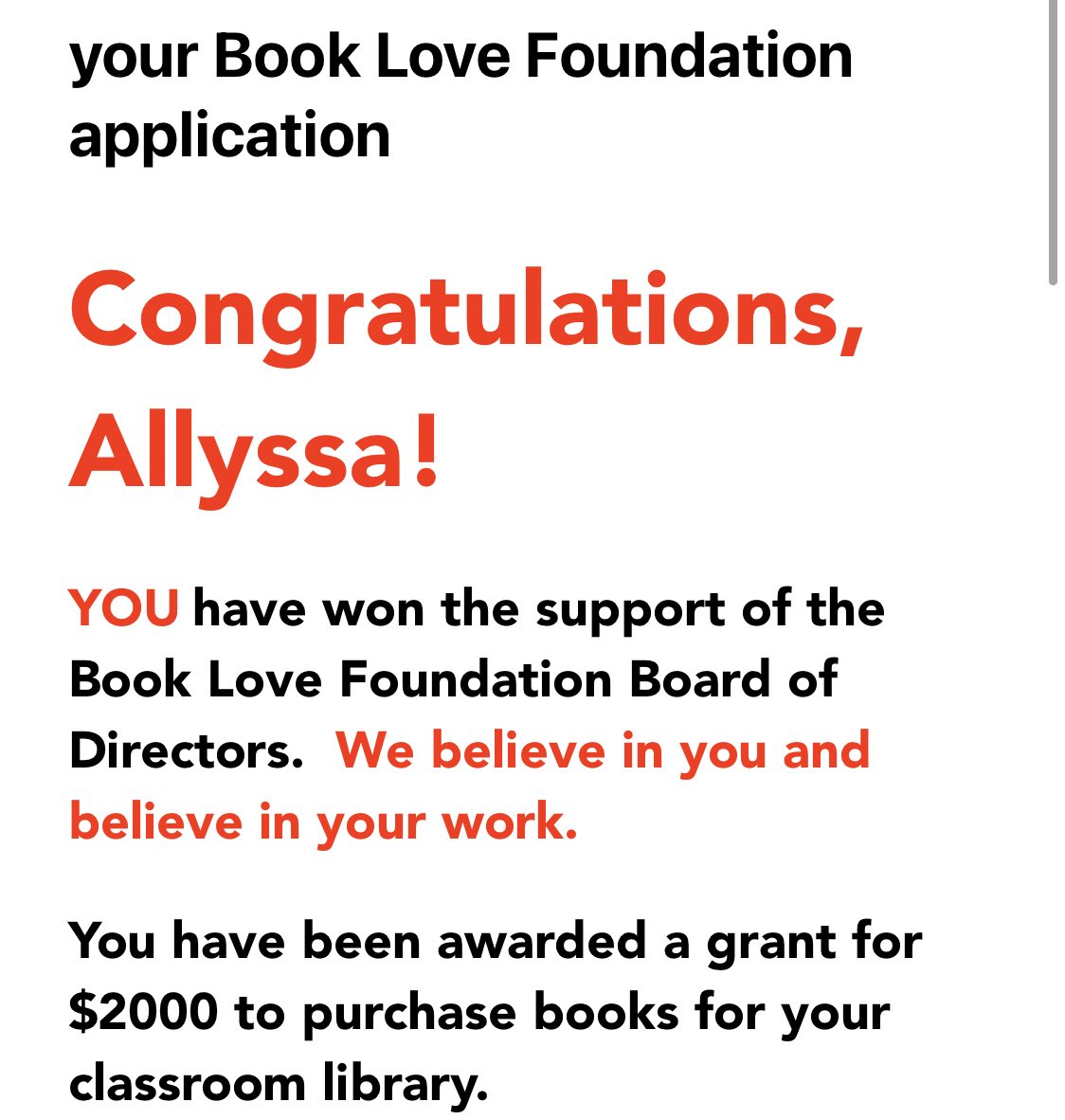 allyssagraham_'s tweet photo. Last night, I had the absolute honor of receiving this email from @booklove4life! I am beyond excited to add many more books that students have requested to our classroom library! #booklovefoundation #newfieldcsd https://t.co/oSsXTlE70Q