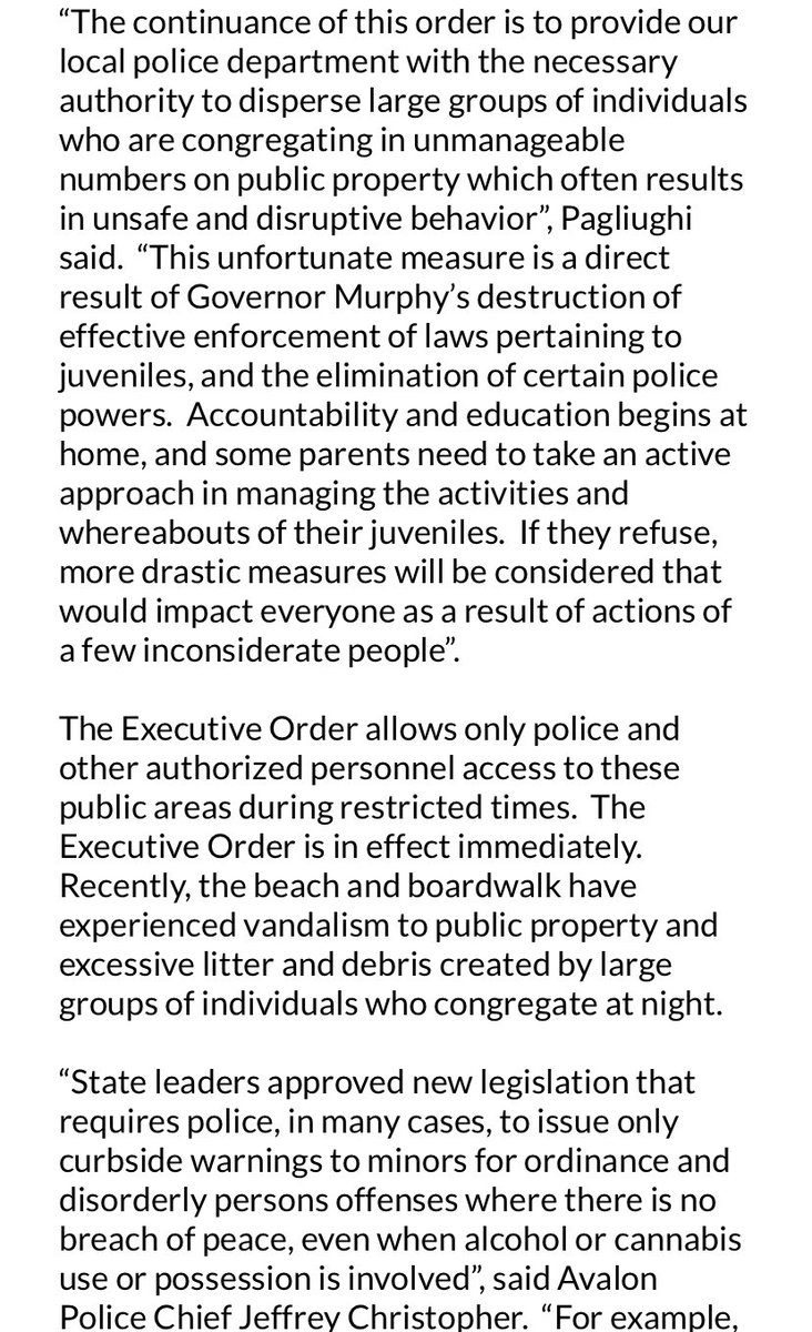 KeeleyFox29's tweet photo. Avalon closes boardwalk at 11pm &amp; beach starting at 9pm “until further notice” Avalon Mayor Martin Pagliughi says “This unfortunate measure is a direct result of @GovMurphy ‘s destruction of laws pertaining to juveniles and the elimination of certain police powers.” @FOX29philly https://t.co/p91XeOuVTx