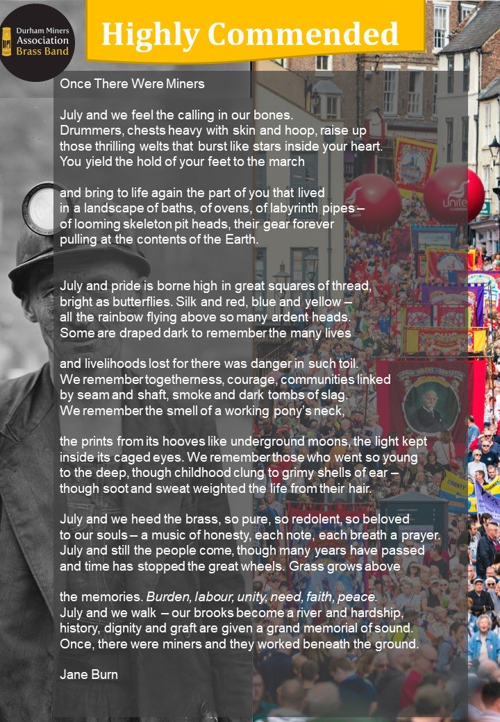 Durham Miners' Gala (@durhamgala) on Twitter photo Enjoy the winning entries of the DMA band (<a href="/minersbrass/">DMA Brass Band</a>) #DurhamMinersGala poetry competition.
Congratulation to winner Claire McDonald and to Maureen Anderson & Jane Burn for their highly commended poems.
All will feature on the band’s next CD. Enjoy the winning entries of the DMA band (<a href="/minersbrass/">DMA Brass Band</a>) #DurhamMinersGala poetry competition.
Congratulation to winner Claire McDonald and to Maureen Anderson & Jane Burn for their highly commended poems.
All will feature on the band’s next CD.