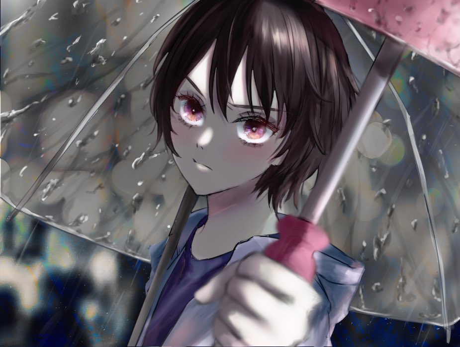 umbrella 1girl solo short hair holding holding umbrella rain  illustration images