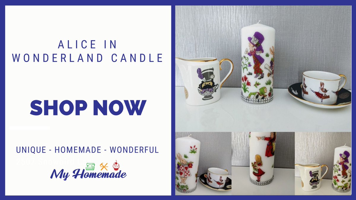 MyHomemadeUK's tweet photo. This hand-designed ‘Alice in Wonderland’ style candle is such a pretty design. Order yours today for that extra special person of event event.

Order Your: https://t.co/afc3sWekmA

#HomeArt  #AliceInWonderland #SupportLocal #Candle #HomeDecor #Events #MyHomemade #ShopLocal https://t.co/VimiOXLRl7