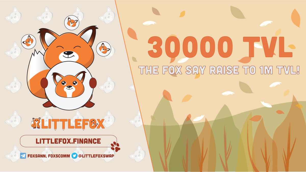 🚀🦊 🚀🦊 LittleFox Hits 30K TVL even if not Launch yet!!! And going to reach 1M sooooooooon 🦊🍂 come on guys, don't be hesitate to join🥳 🦊🍂
🔥Start Farm and stake littlefox.finance

#BSC #DeFi #Binance #Littlefoxswap #YieldFarming #Airdrop #Airdrops