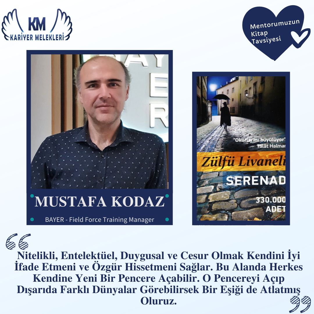 Değerli Mentorumuz Mustafa Kodaz’ın sizler için tavsiye edip seçtiği kitap; 

‘’ Serenad- Zülfü Livaneli ‘’

Henüz okumadıysanız merakla okuyacağınız Zülfü Livaneli’nin Serenad kitabını okuma listenize ekleyebilirsiniz.
Okuma listenizde hangi kitaplar var?
#kitaptavsiyesi #mentor