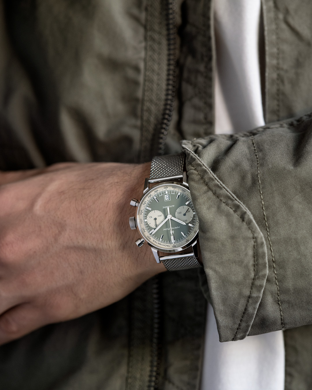 Hamilton Watch on X A fresh new look. Mix it up this summer with our newest Intra Matic Auto Chrono featuring a green and white panda dial and sleek mesh bracelet https t OoqM0yYtEQ hamiltonwatch