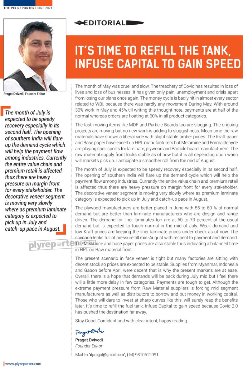 PlyReporterMag's tweet photo. IT’S TIME TO REFILL THE TANK, INFUSE CAPITAL TO GAIN SPEED -Pragat Dvivedi, Founder Editor
Read more- https://t.co/rU2LGHsctG
#plyreporter #PragatDvivedi #MDF #ParticleBoards #timberprices #kraftprices #rawmaterialsupplier https://t.co/Bd9GlEr8Y4