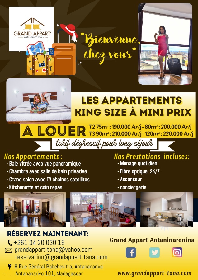 🏢🏢𝔾ℝ𝔸ℕ𝔻 𝔸ℙℙ𝔸ℝ𝕋'🏢🏢 
🏢🏢𝔸ℕ𝕋𝔸ℕ𝕀ℕ𝔸ℝ𝔼ℕ𝕀ℕ𝔸🏢🏢
"Simplifiez vous la vie lors de votre séjour sur Tana, louez votre  Appartement modulable en fonction de vos besoins"