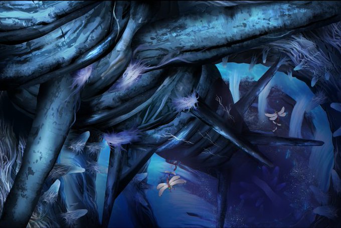 フロア名前:【深層螺旋】
イラスト:オチカ
HP:https://t.co/pFt8uGOboL
こちらは断崖蒼壁を上のアングルから見下ろしたものになります。このイラストからどれだけ広いフロアなのかが想像できますね…シロンちゃんの足でも中央を一周するのに数時間かかります^^; 