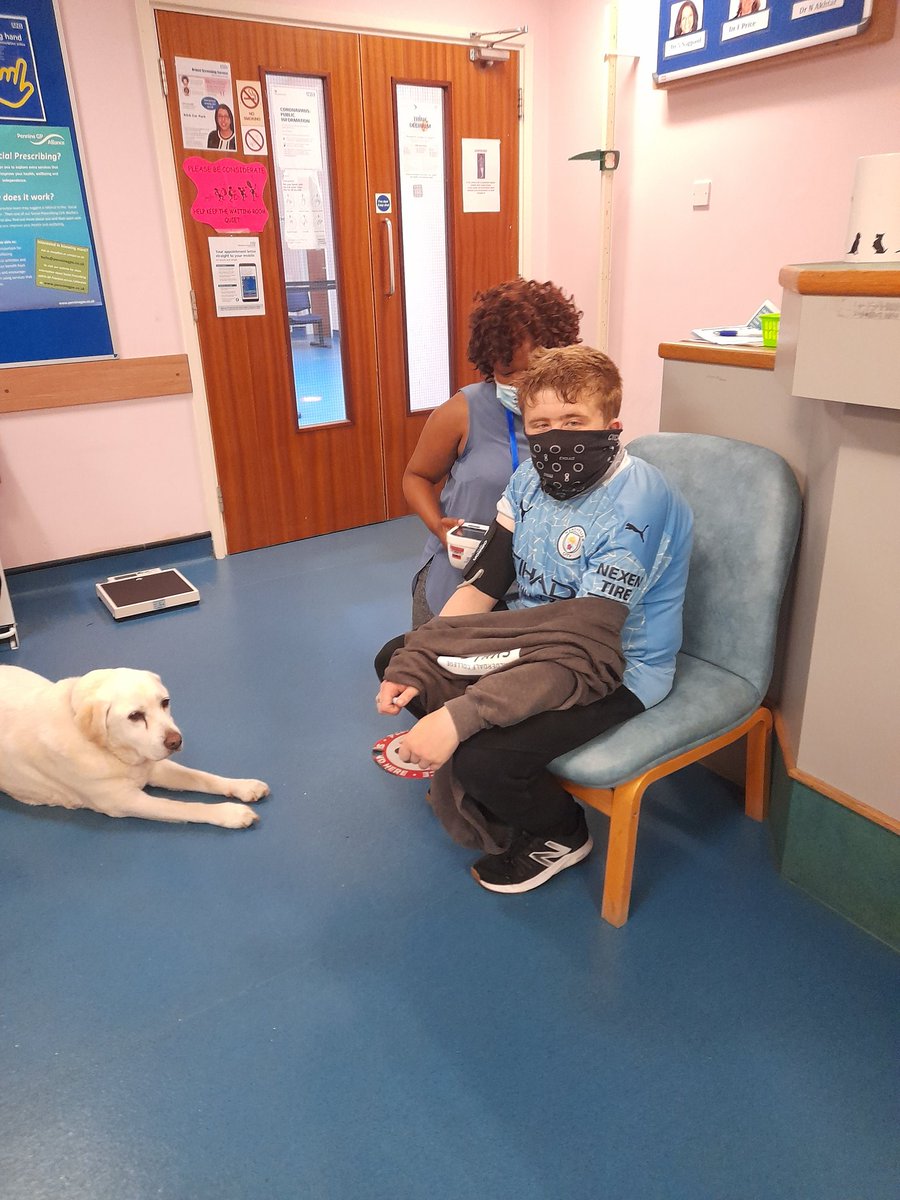 Leadthewaycald's tweet photo. James having a mini health check at the vaccination clinic, under the watchful eye of Abbie who has been a great addition to the team, re-assuring people @allofusinmind @calderdaleccg @WYHpartnership @KateHor30099782 @NorthHalifaxPCN @Calderdale https://t.co/htRPrLyKqS