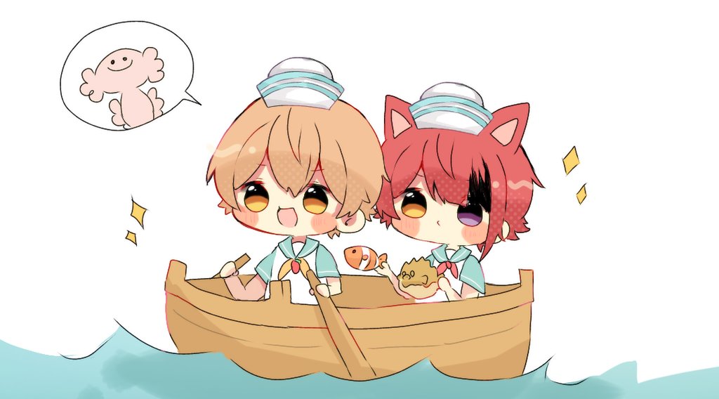 multiple boys 2boys sailor hat animal ears red hair boat watercraft  illustration images