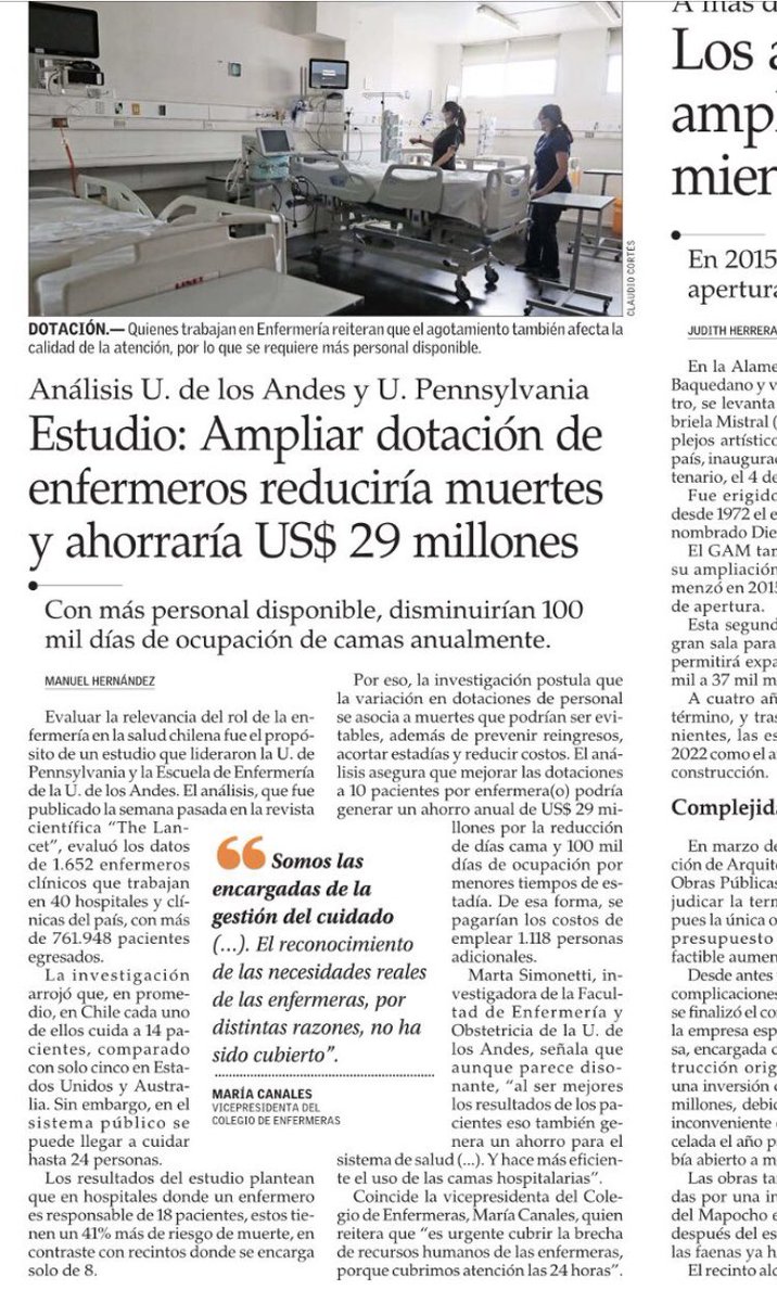 Hoy @ElMercurio_cl publica el estudio realizado por la Facultad de Enfermería <a href="/uandes/">UANDES</a> y la <a href="/PennNursing/">Penn Nursing</a> sobre la importancia de la dotación de enfermeras en nuestro sistema de salud. Gran rol el de estos profesionales de la salud!! <a href="/LindaAiken_Penn/">Linda H. Aiken</a> Consúelo Cerón, Marta Simonetti