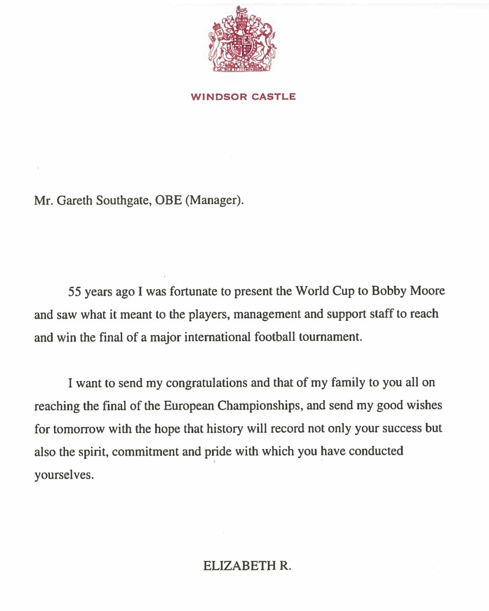 A very, very special message for Gareth Southgate and the #ThreeLions. Thank you for your support, Your Majesty.