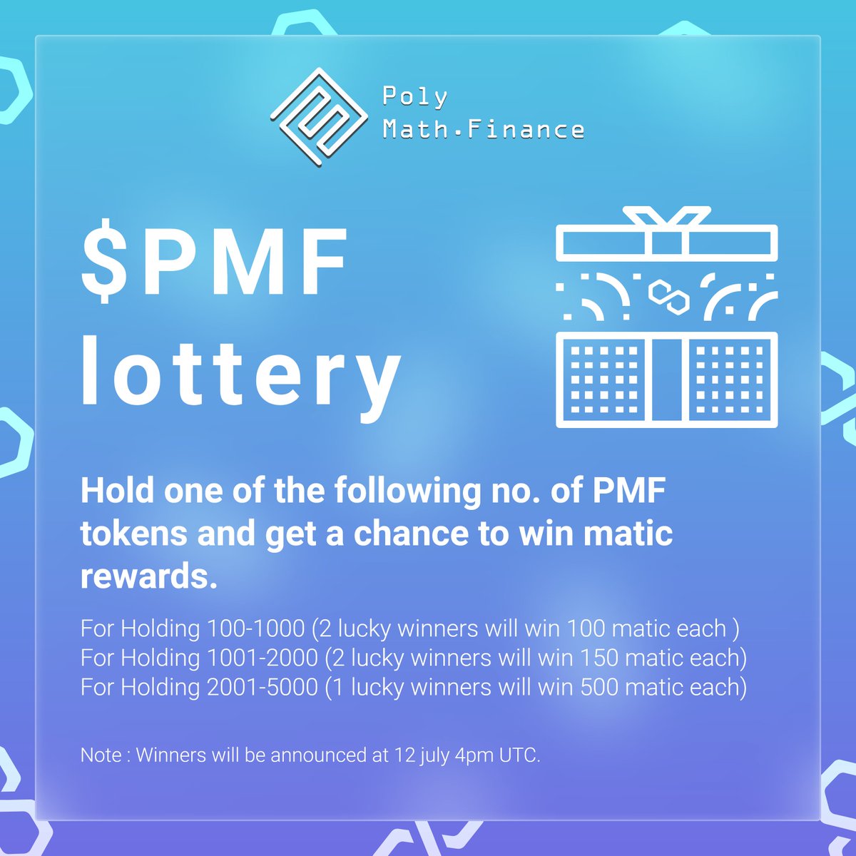 $PMF's very own Hodling lottery is here!

Just hold a certain amount of tokens in the mentioned ranges and become eligible to win MATIC tokens worth up to 500 MATIC!

Winners to be announced in 2 days.

#Polygon #MATIC #pmf #ETH #quickswap  #polymathfinance
