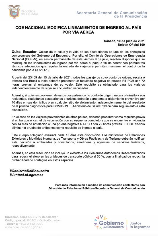 ComunicacionEc's tweet photo. Boletín Oficial 109 🇪🇨

COE Nacional modifica lineamientos de ingreso al país por vía aérea.

📰➡️ https://t.co/CQl3dpkFzd

#GobiernoDelEncuentro  
#JuntosLoLogramos https://t.co/8FSo7Yf3bE