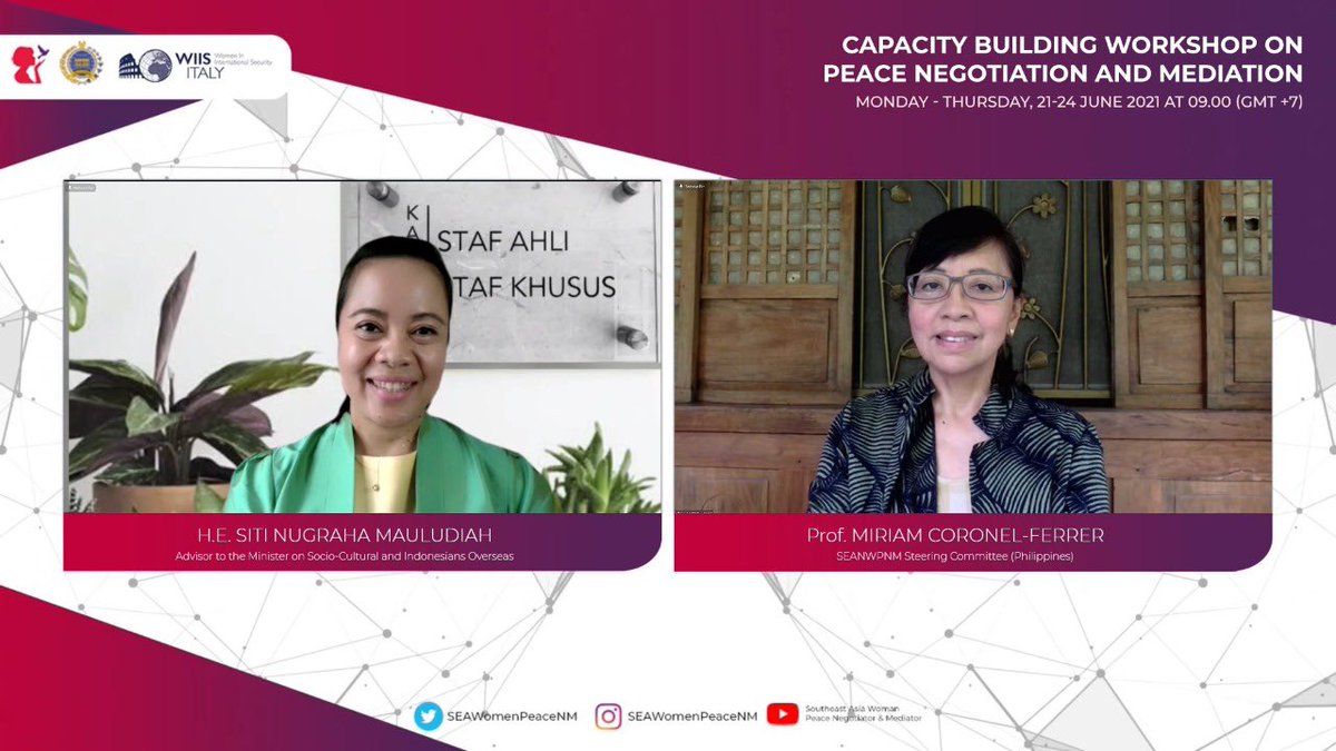 SEAWomenPeaceNM's tweet photo. The 3rd activity of the Reg Forum of Women Peace Negotiators &amp; Mediators was the Capacity Building Workshop on Peace Negotiation &amp; Mediation, 21-24 June, organized by SEANWPNM &amp; @Kemlu_RI with support of @WIISItaly. In frame Amb Siti Nugraha Mauludiah &amp; Prof Miriam Coronel-Ferrer https://t.co/hvbF3QGhqa