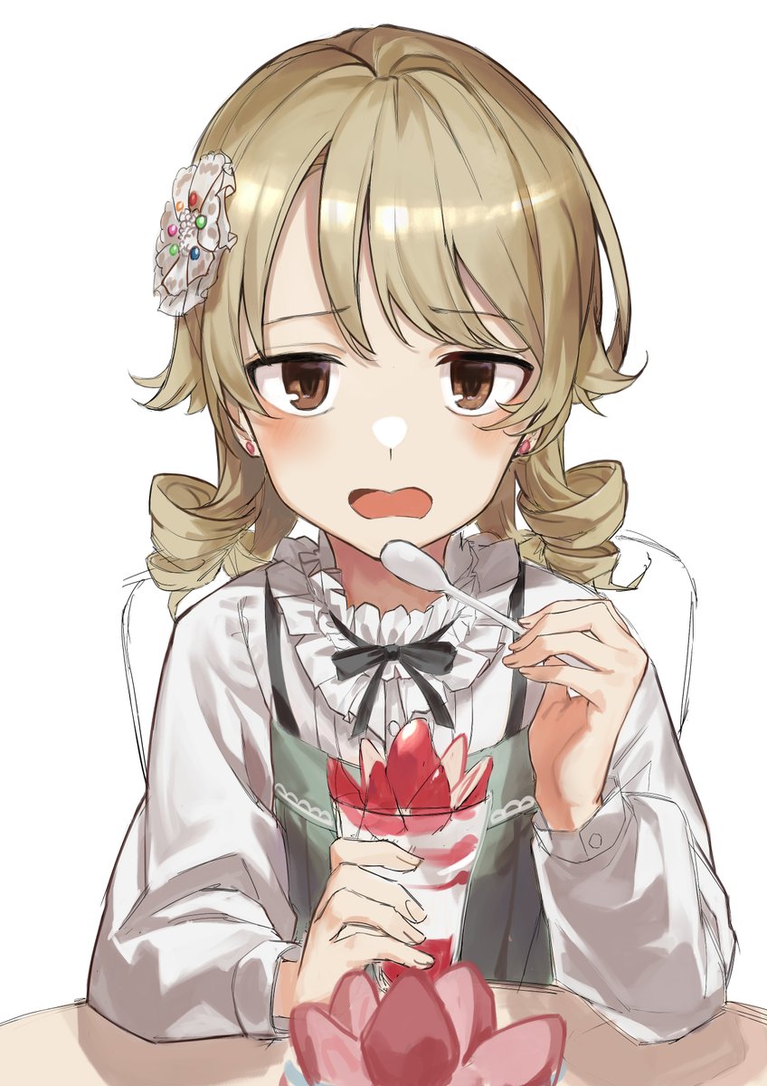 morikubo nono 1girl solo spoon holding spoon brown eyes white background food  illustration images