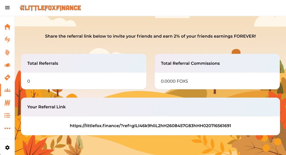 🦊Share the referral link below to invite your friends and earn 2% of your friends earnings FOREVER!
littlefox.finance/referrals

#BSC #DeFi #Binance #Littlefoxswap #YieldFarming #Airdrop #Airdrops