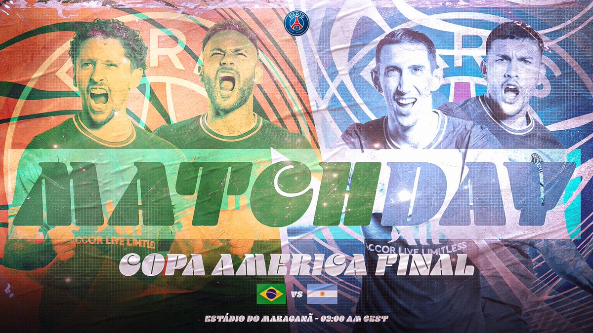PSGindonesia's tweet photo. 🇧🇷 Brasil 🆚 Argentina 🇦🇷

@marquinhos_m5 &amp; @neymarjr 🆚 Angel Di Maria &amp; @LParedss

Jangan lewatkan duel sesama PSG di final #CopaAmerica2021 besok pagi pukul 07:00 WIB! ⚽️🤩 

Siapa yang akan menjadi kampiun Amerika Selatan? 🏆🌎 

#PSGinternational 🔴🔵 #ICICESTPARIS https://t.co/M6NDxpGI1W