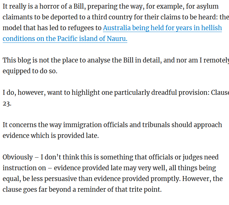 Barristerblog's tweet image. The Nationality and Borders Bill is appalling legislation for any number of reasons, but forcing judges to disregard credible evidence if it is served late is evil. barristerblogger.com/2021/07/10/the…