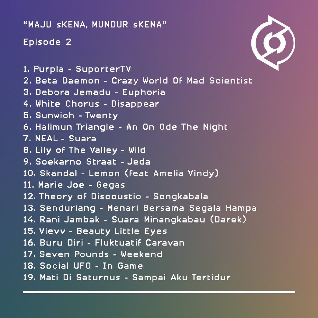 Berikut hasil rekapan dari nama2 band yg kami putarkan di eps001 dan eps002 #MajuSkenaMundurSkena 
Yang kirim melalui email dan beberapa rekomendasi dari beberapa Tamu Misterius.

Silakan kirimkan rilisan musik baru kalian dgn lengkap ke email: sr.rilisanbaru@gmail.com