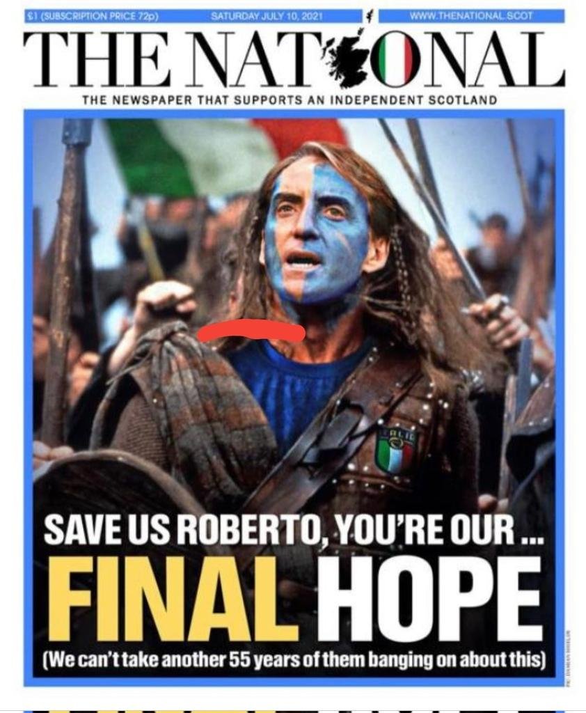theJeremyVine's tweet photo. Just to say, if it was Scotland in the final and not England, I would be getting 🏴󠁧󠁢󠁳󠁣󠁴󠁿 flags in, asking about a kilt, singing YES SIR I CAN BOOGIE and generally going crazy for the team. I would absolutely have loved it — so this frontpage is genuinely a sad thing to see. https://t.co/auz6q3XUvH